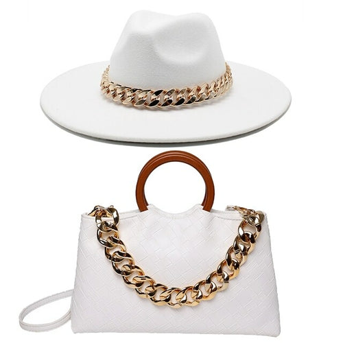 Load image into Gallery viewer, Fedora Hat For Women and Bag Set w Large Chain
