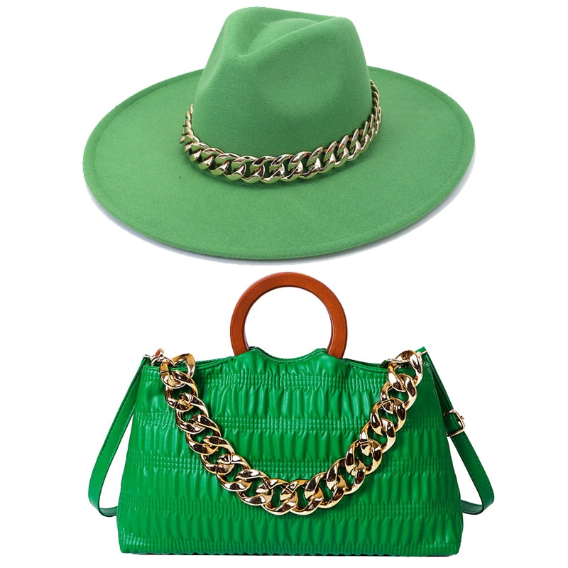 Fedora Hat For Women and Bag Set w Large Chain