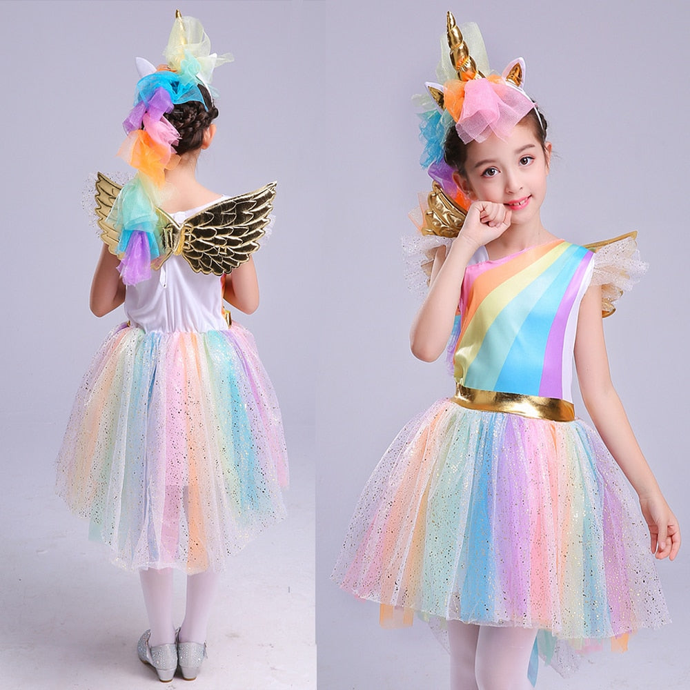 Girls' Dress Rainbow Unicorn Party With Headband