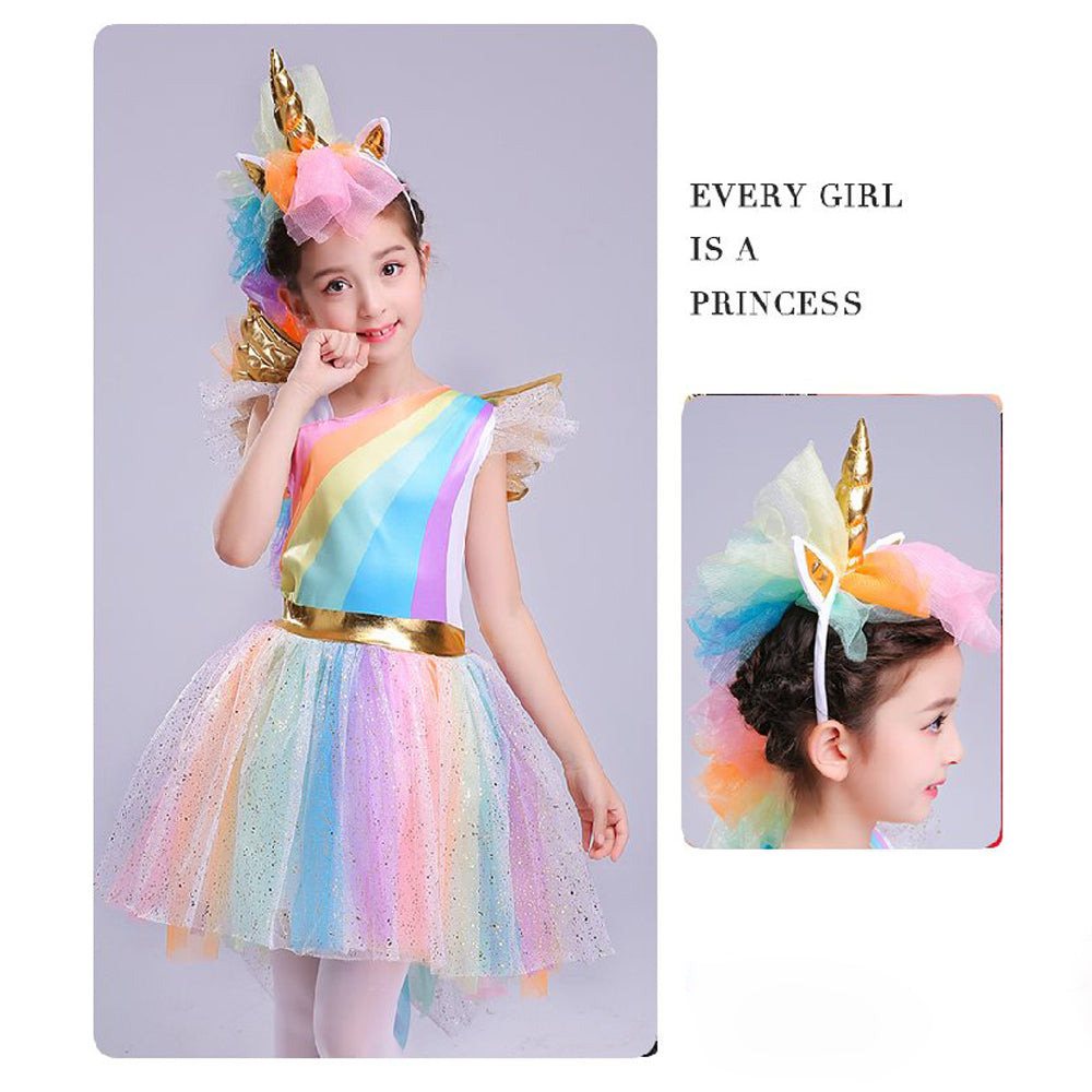 Girls' Dress Rainbow Unicorn Party With Headband