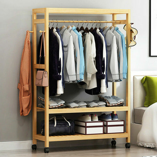 Bamboo Garment Coat Clothes Hanging Heavy Duty Rack With Top Shelf And Side Hooks