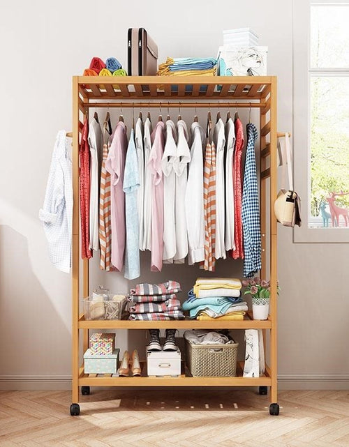 Load image into Gallery viewer, Bamboo Garment Coat Clothes Hanging Heavy Duty Rack With Top Shelf And Side Hooks
