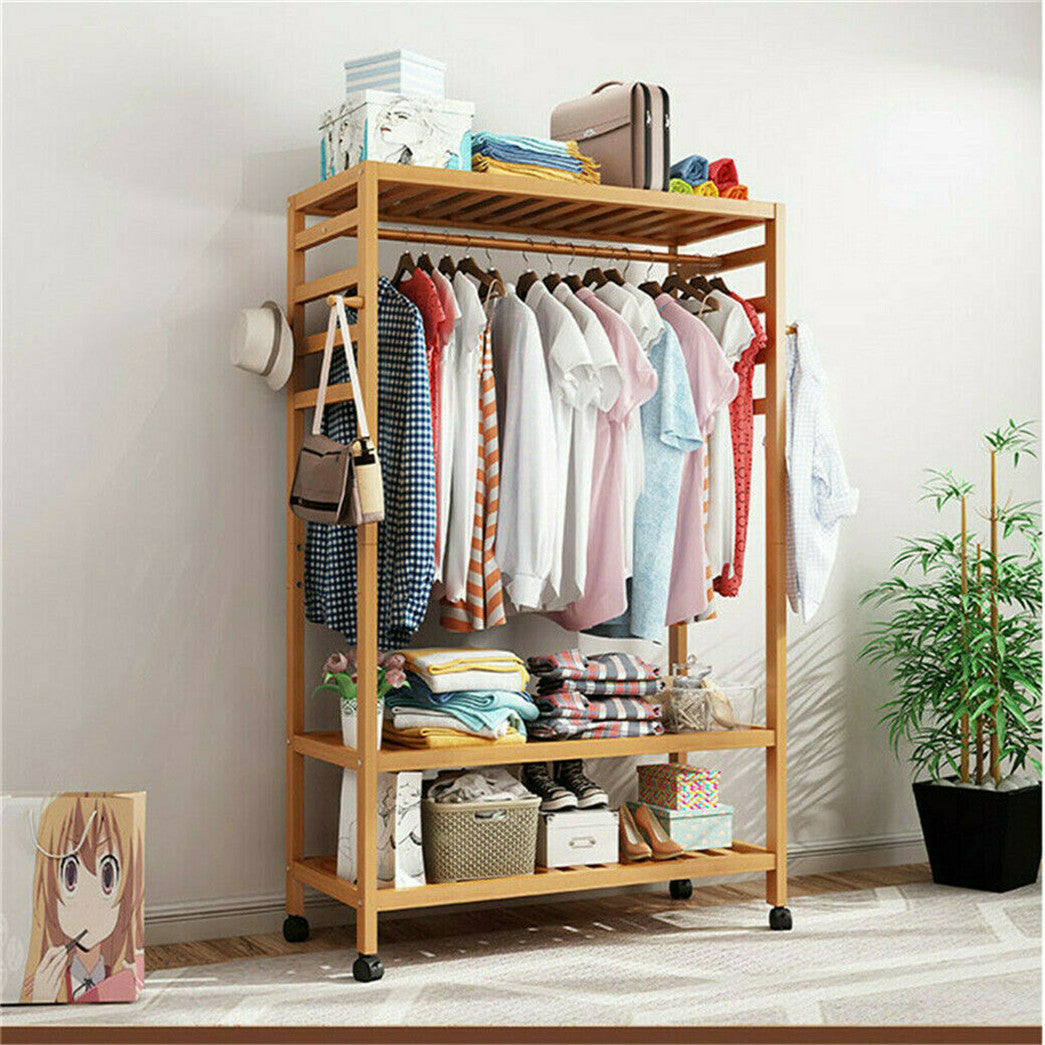 Bamboo Garment Coat Clothes Hanging Heavy Duty Rack With Top Shelf And Side Hooks
