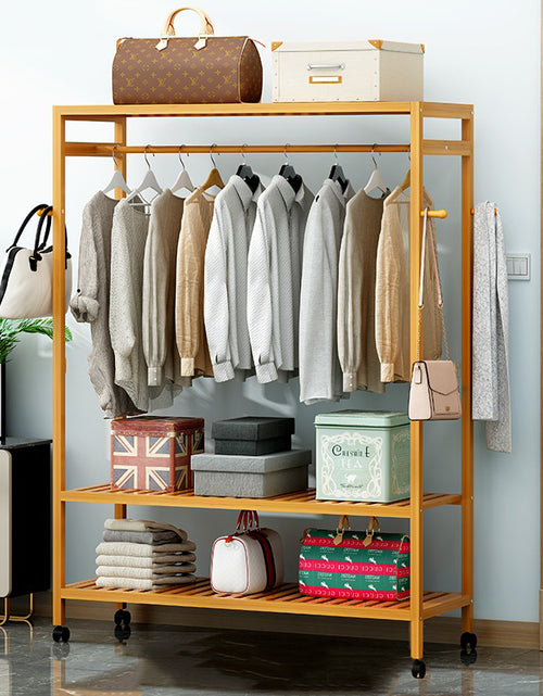 Load image into Gallery viewer, Bamboo Garment Coat Clothes Hanging Heavy Duty Rack With Top Shelf And Side Hooks

