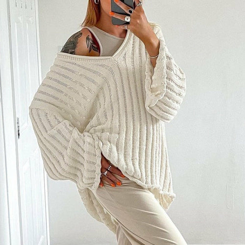 Cotton Loose Top Solid Color Hollow Out Sweater