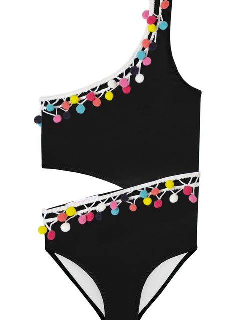 Load image into Gallery viewer, Black Side Cut Swimsuit with Multicolor Pom Poms
