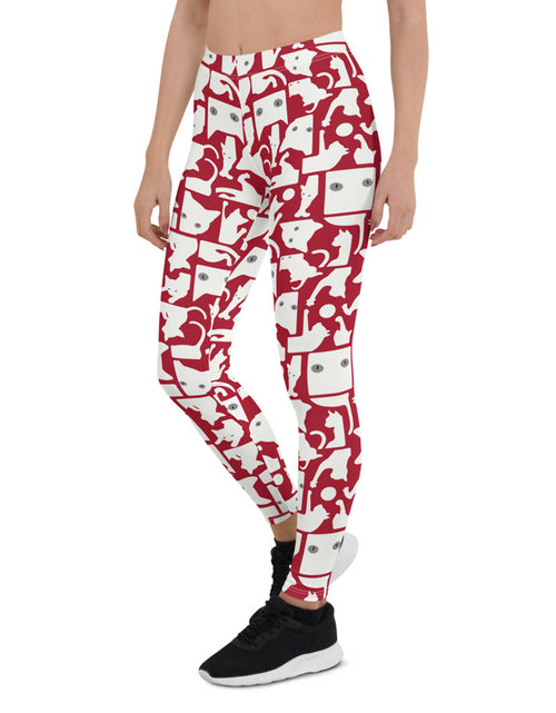 Load image into Gallery viewer, Womens White Cat Silhouette on Red Leggings
