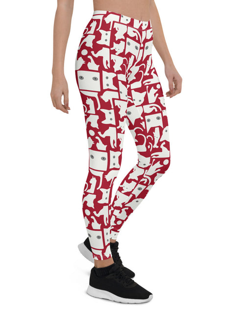 Load image into Gallery viewer, Womens White Cat Silhouette on Red Leggings

