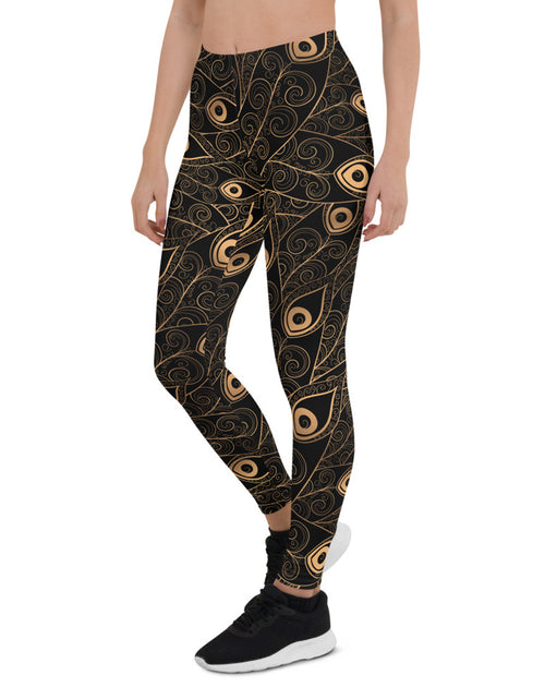 Load image into Gallery viewer, Art Deco Peacock Feather Black Leggings
